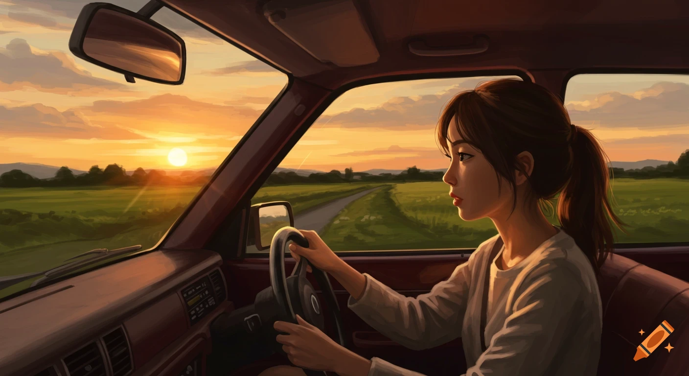 A woman drives a car at sunset, looking out at the road and landscape. Digital illustration style.