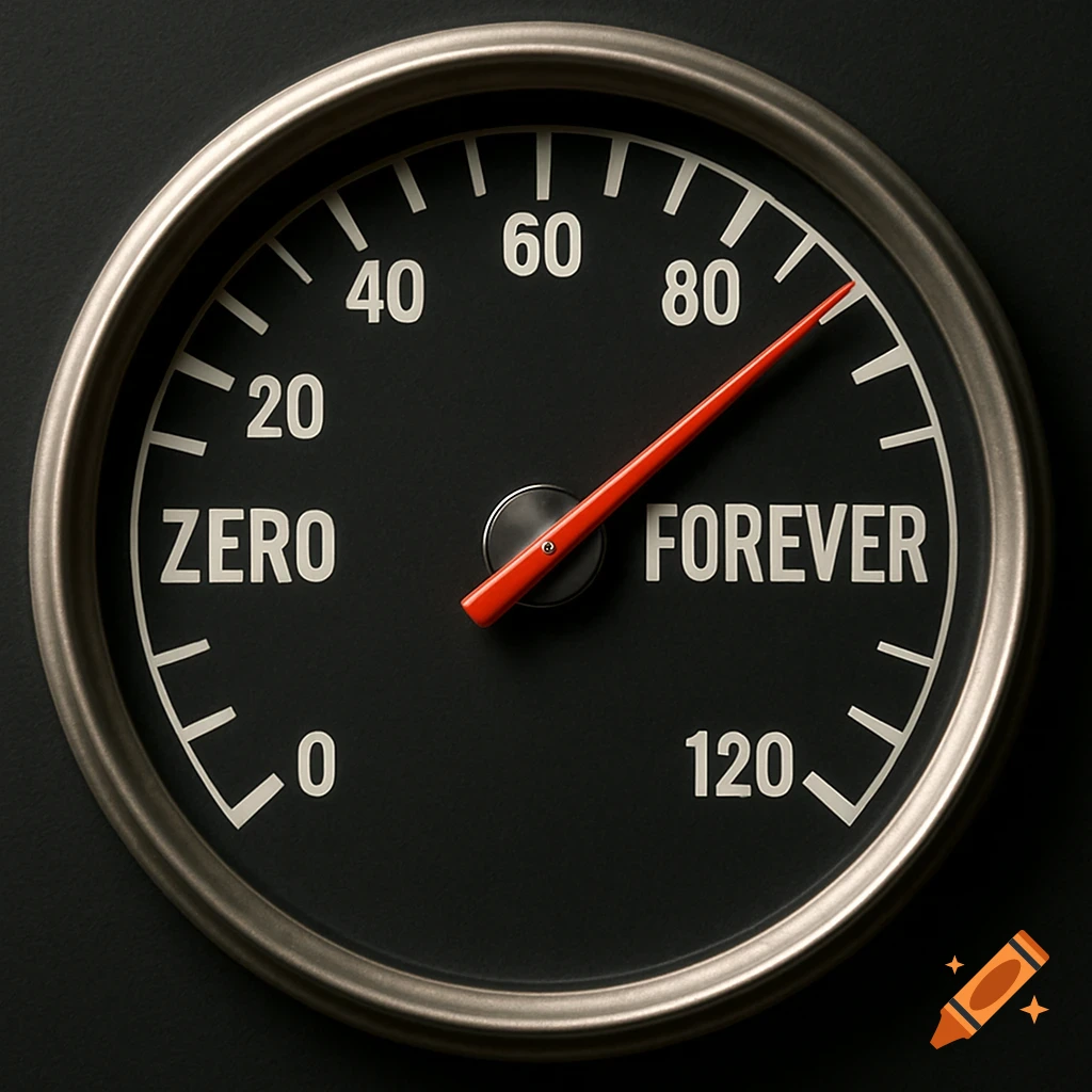 A close-up of a speedometer with 'ZERO' and 'FOREVER' labels. The needle points to 'FOREVER'.