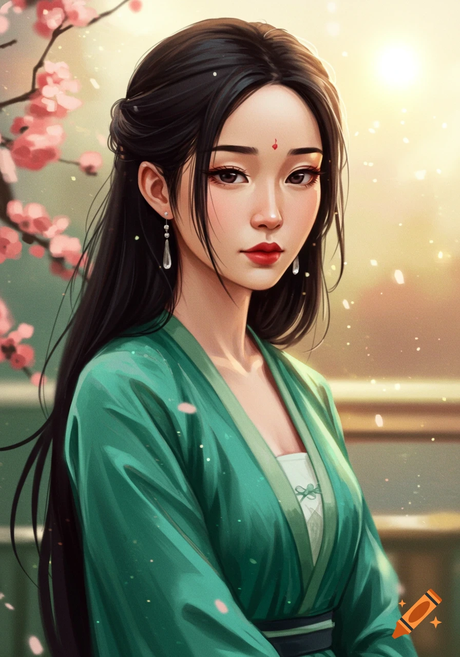 Digital art portrait of a woman with long dark hair, in a green traditional robe, with cherry blossoms and soft golden light.