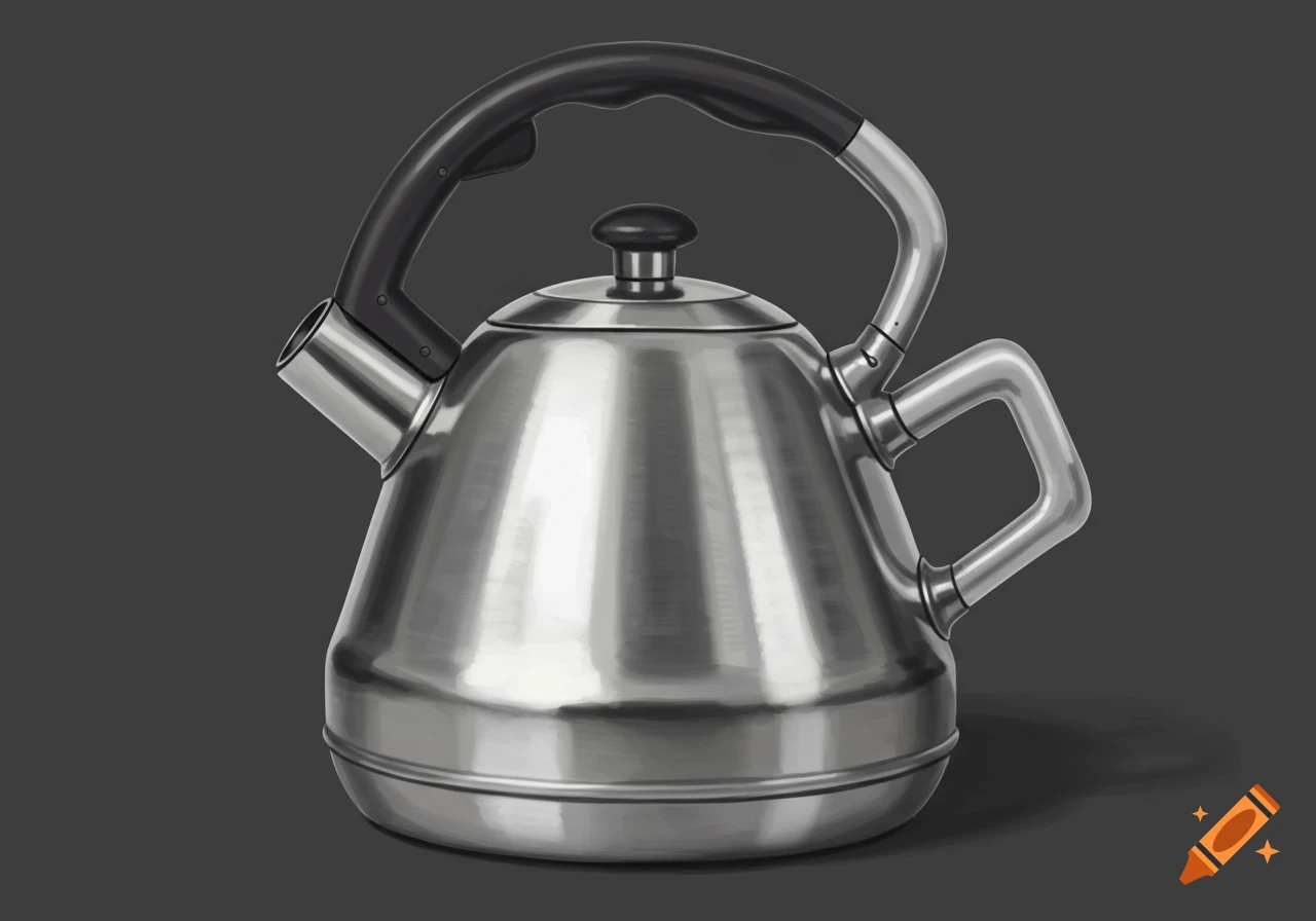 A silver tea kettle with a black handle on a dark background.