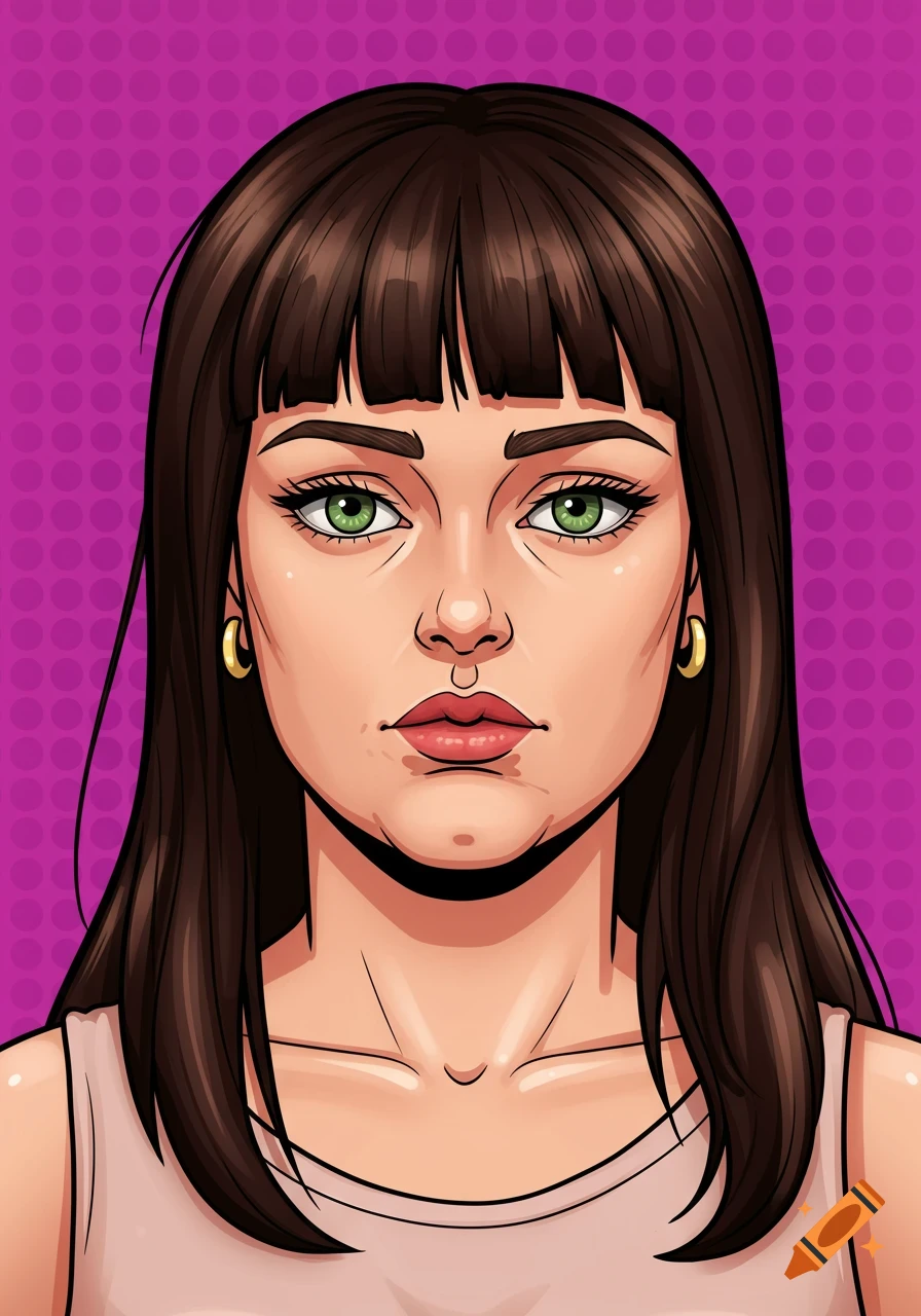 Pop art portrait of a woman with bangs, green eyes, and a double chin.