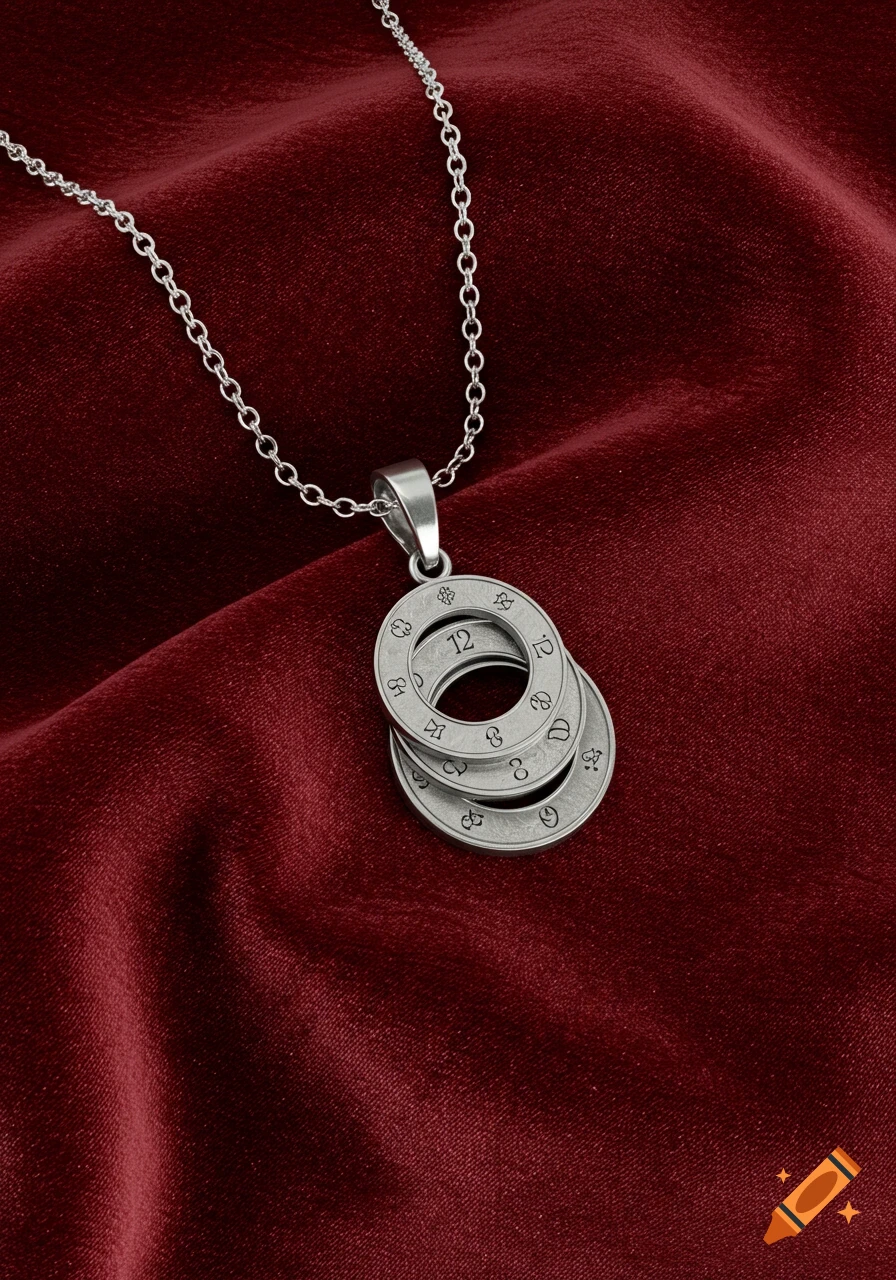 Silver necklace with a three-ring pendant on red velvet.