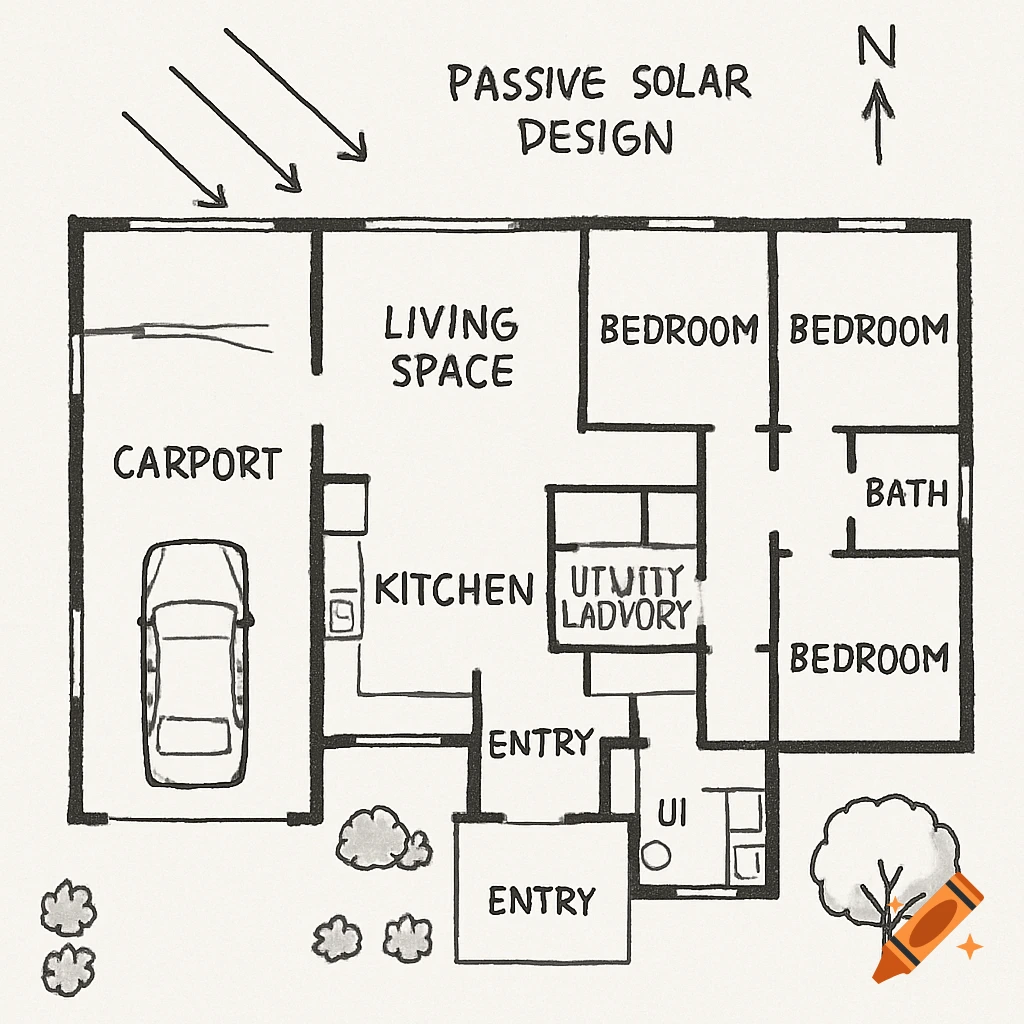 Sketch of a passive solar house floor plan showing rooms, carport, and sun arrows.