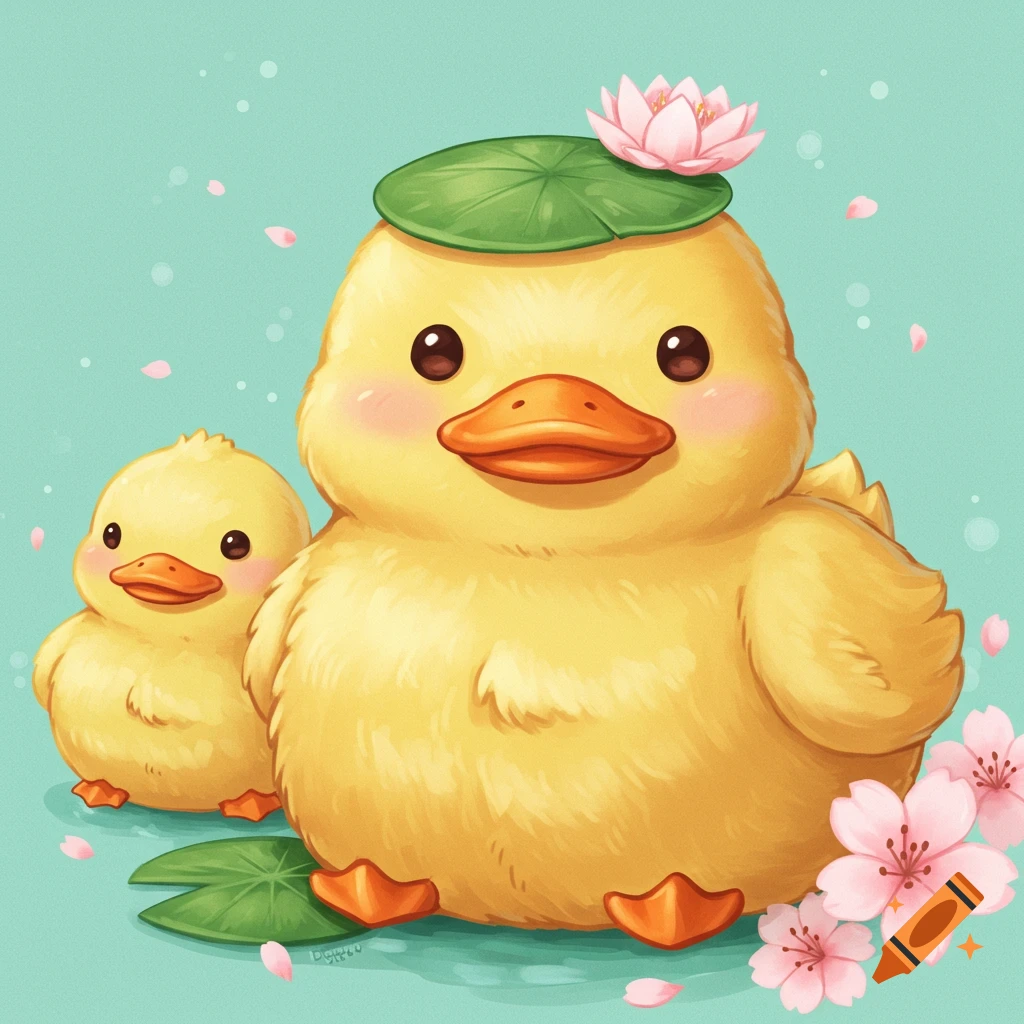 Two cute yellow cartoon ducks, one larger with a lily pad and lotus flower, on a light blue background with pink cherry blossoms.