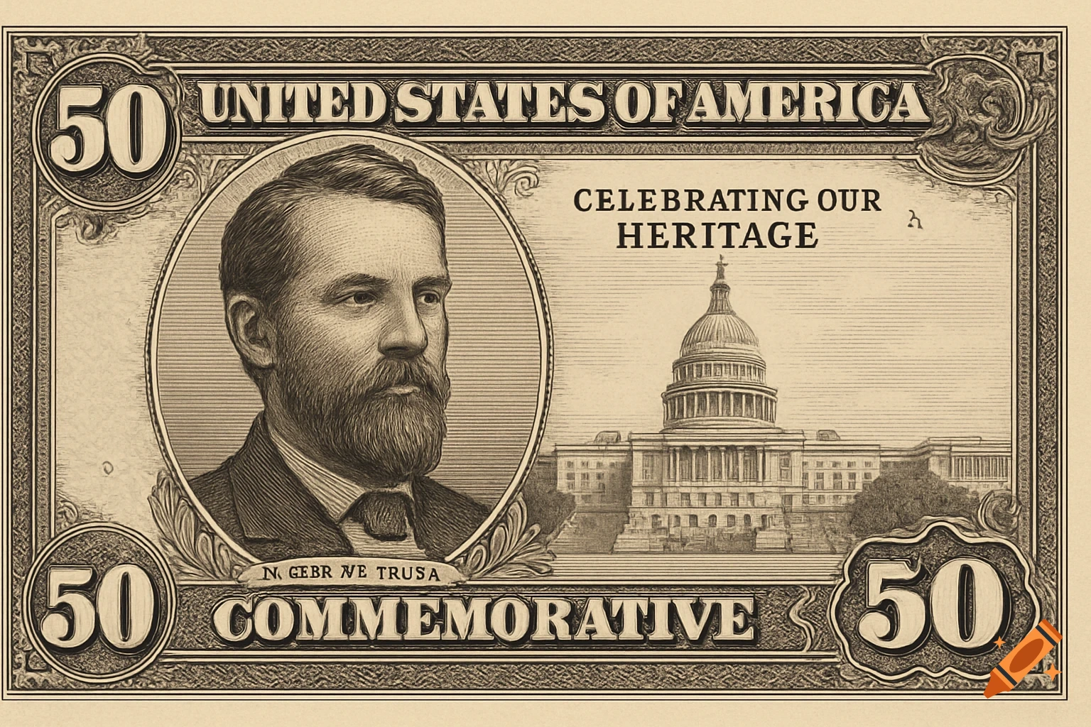 A vintage-style commemorative US banknote with a portrait of a man and the U.S. Capitol building.
