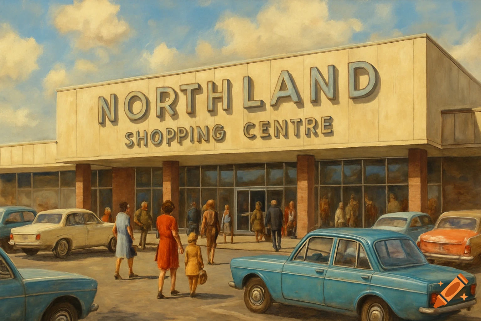 Painting of people and cars outside Northland Shopping Centre entrance in retro style