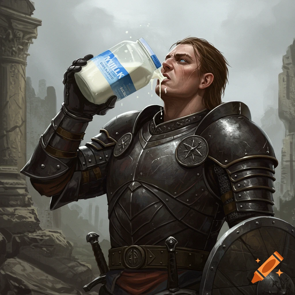 A knight in dark armor drinks milk from a large bottle in front of ruins. Digital painting.