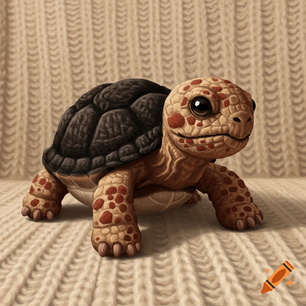 A cute crochet red-footed tortoise plushie sits on a textured knitted blanket.