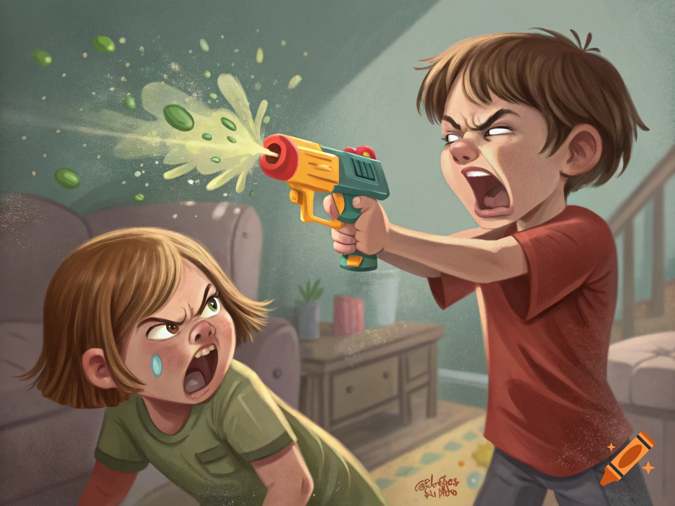 Cartoon illustration of a boy shooting a green liquid toy gun at a girl, both with angry expressions.