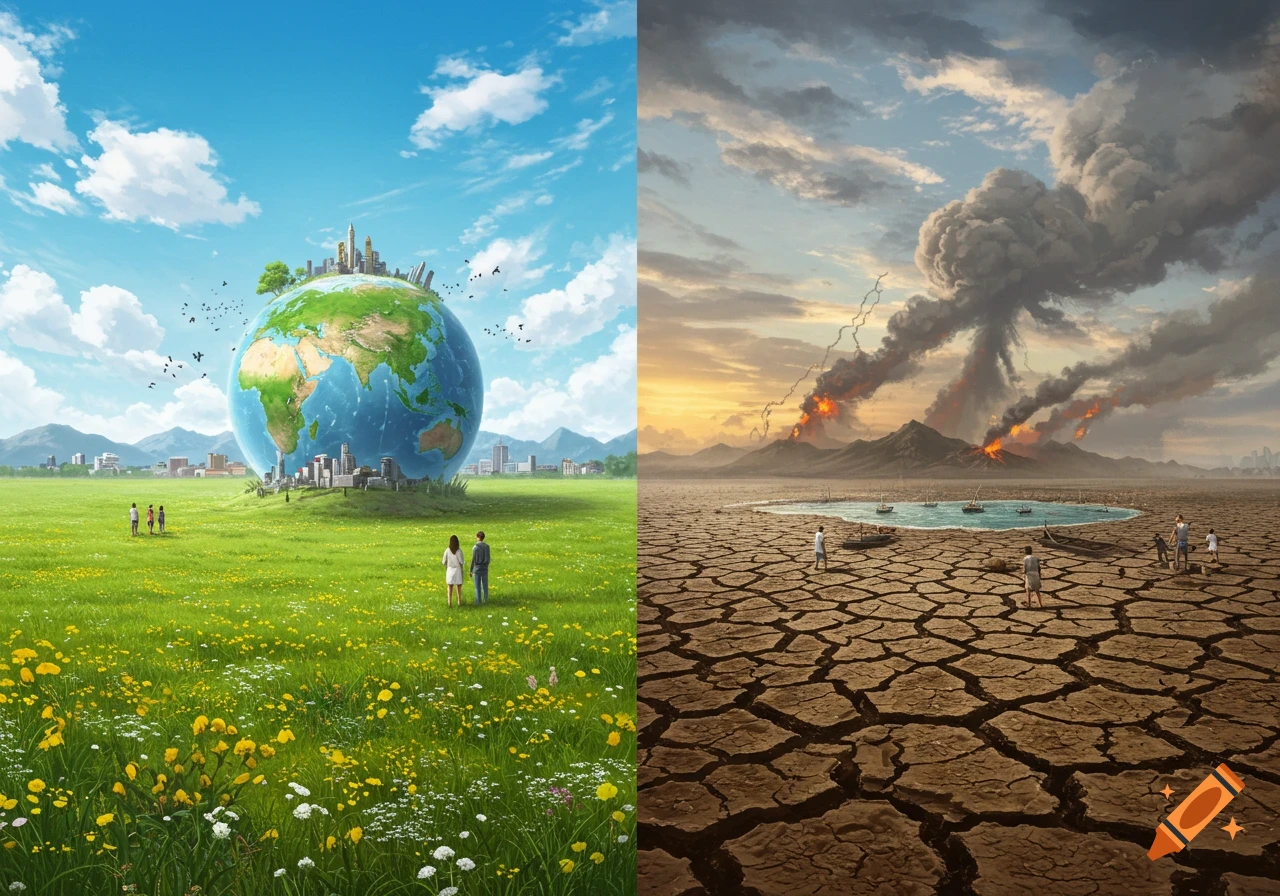 Split image showing a lush green world with a large globe city next to a cracked desert world with volcanoes.