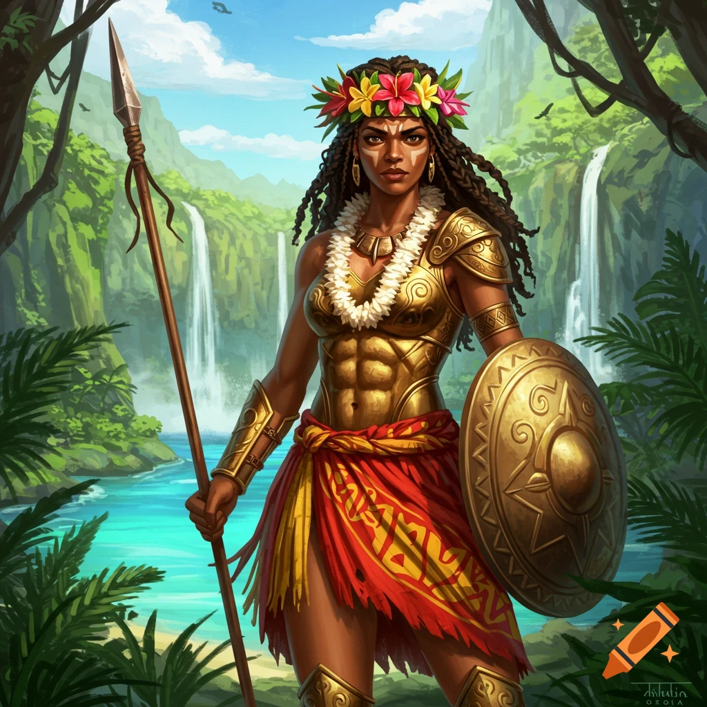 A dark-skinned female warrior in golden armor and a flower lei, holding a spear and shield, stands in a tropical jungle with waterfalls. Digital art.