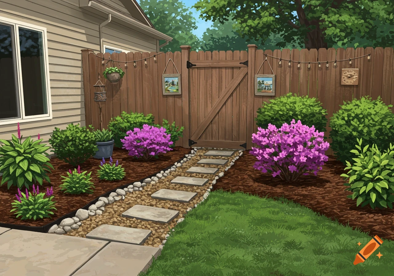 An illustrated backyard garden featuring a stepping stone path leading to a wooden gate, surrounded by purple azaleas, green bushes, mulched beds, and a grassy lawn.
