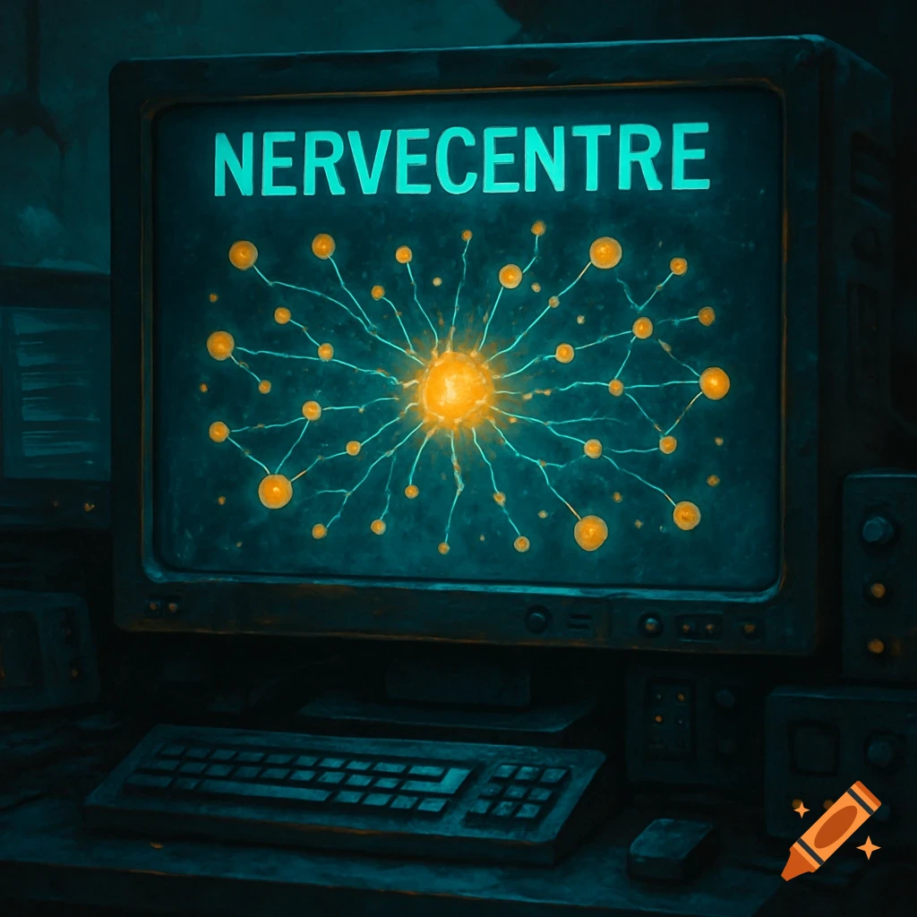 A retro-futuristic computer screen displays a glowing neural network diagram with 'NERVECENTRE' at the top.