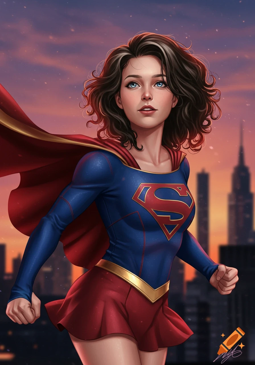 Illustration of Supergirl flying in her red and blue suit above a city skyline
