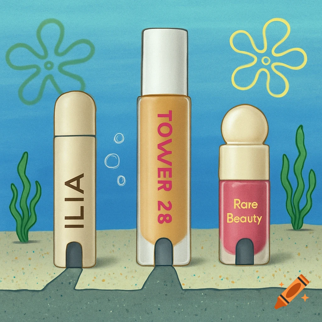 Three makeup bottles (Ilia, Tower 28, Rare Beauty) depicted as houses on the ocean floor in a cartoon style.