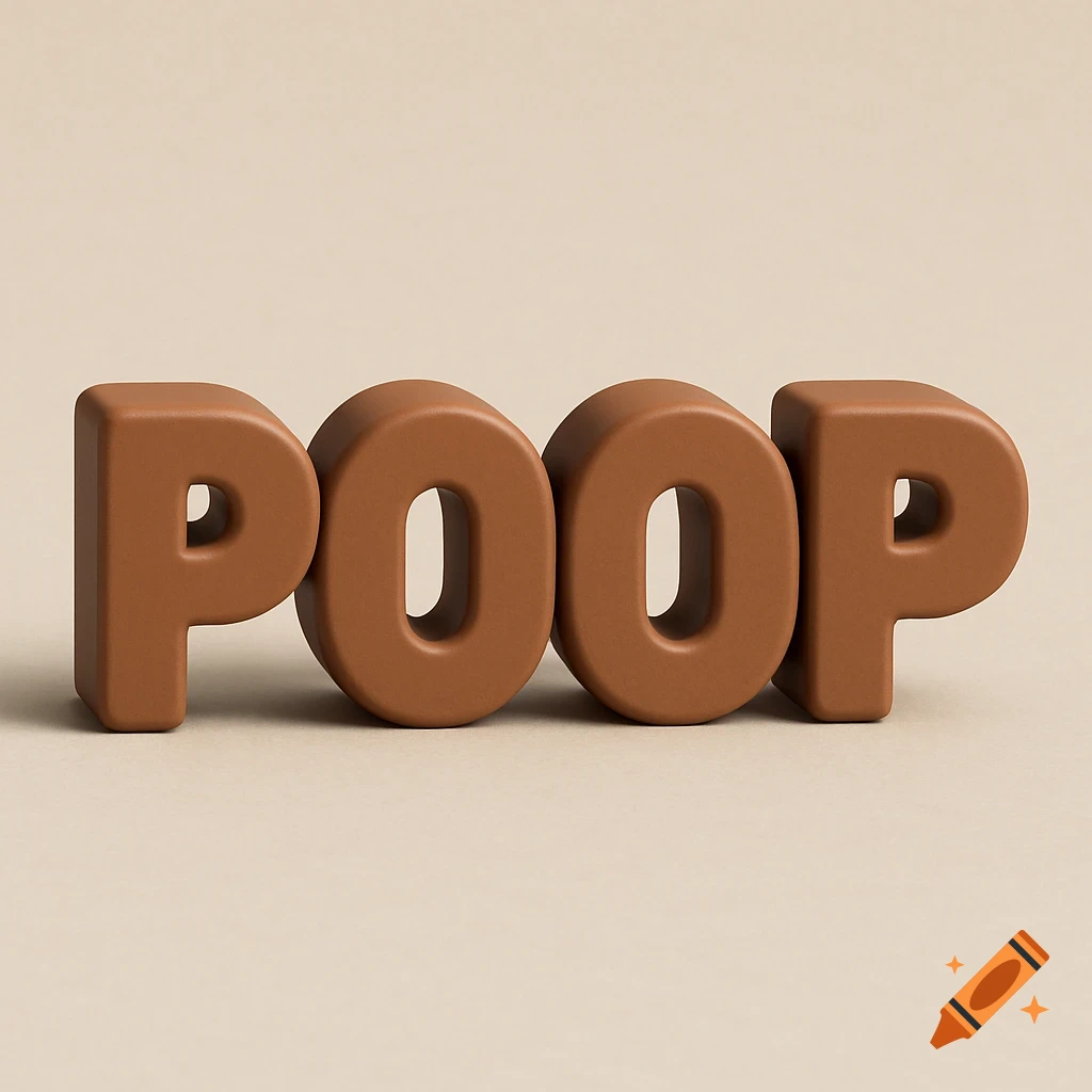 3D brown letters spelling "POOP" on a light brown background.