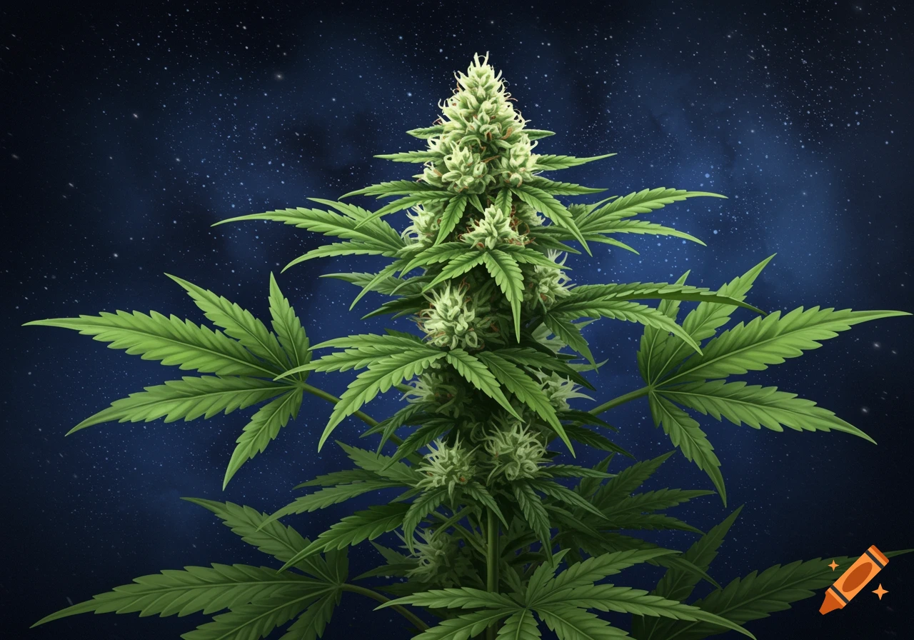 A cannabis plant against a starry night sky.