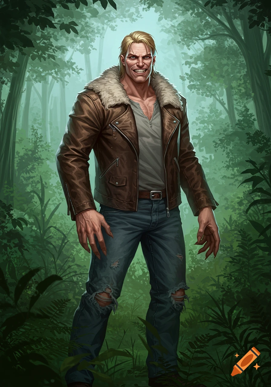 A rugged blonde man with a sinister grin, sharp teeth, and clawed hands, wearing a fur-collared leather jacket and distressed jeans, stands in a forest.