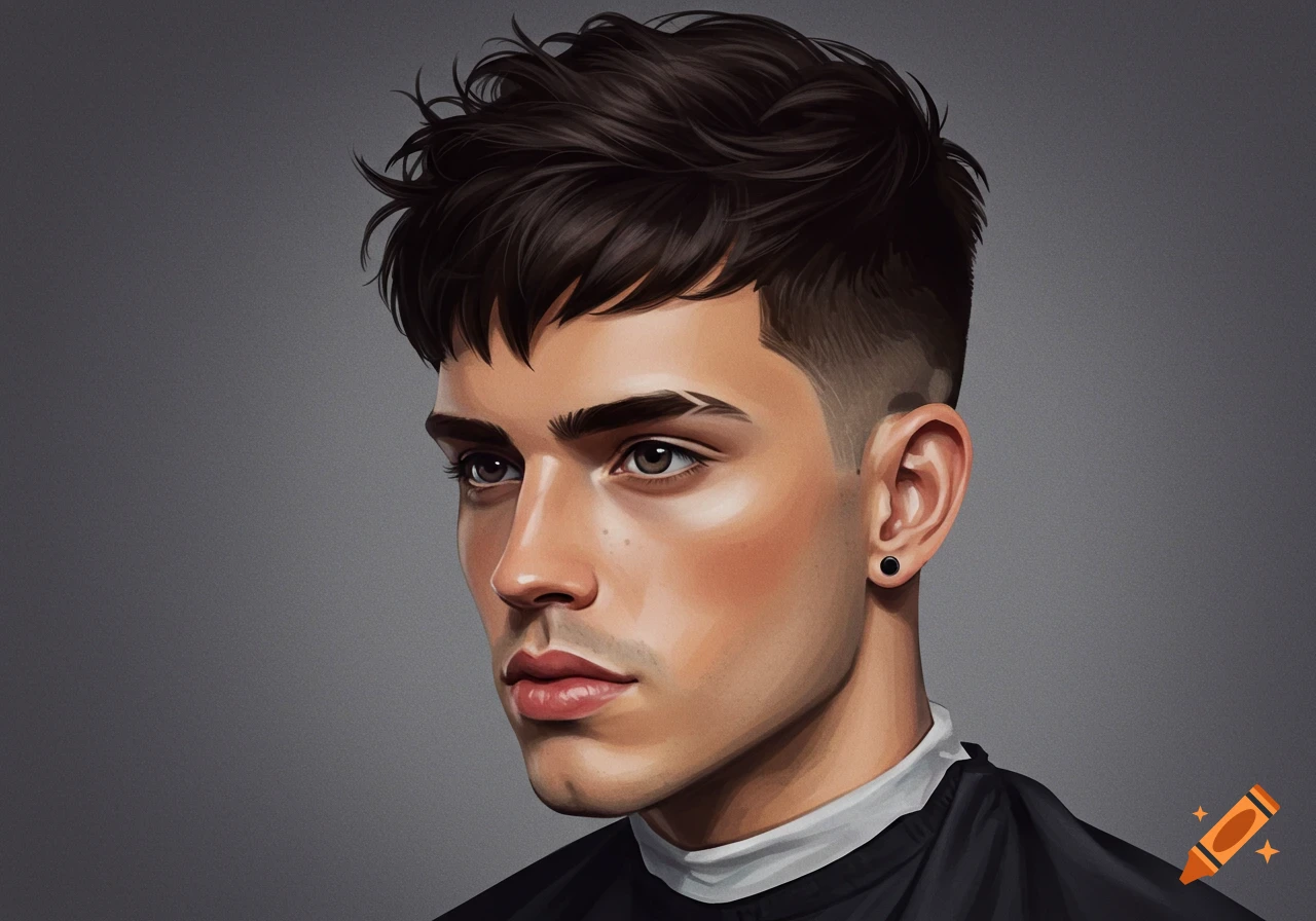 Stylized portrait of a young man with a textured fringe and low taper fade haircut.