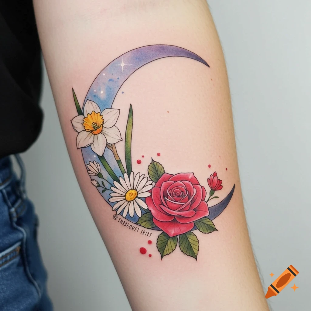 A colorful tattoo of a crescent moon adorned with a rose, narcissus, and daisies on an arm.
