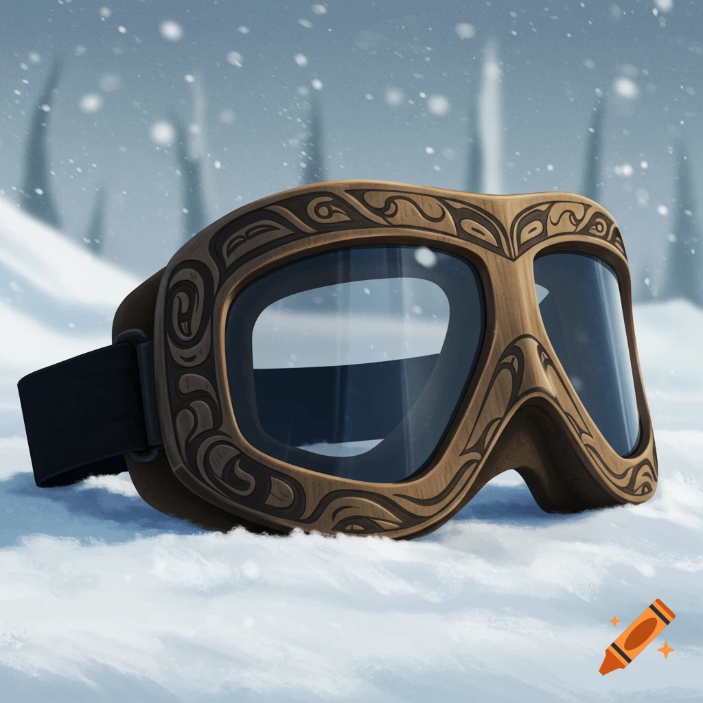 Side view of wooden snow goggles with intricate carvings, lying in the snow.