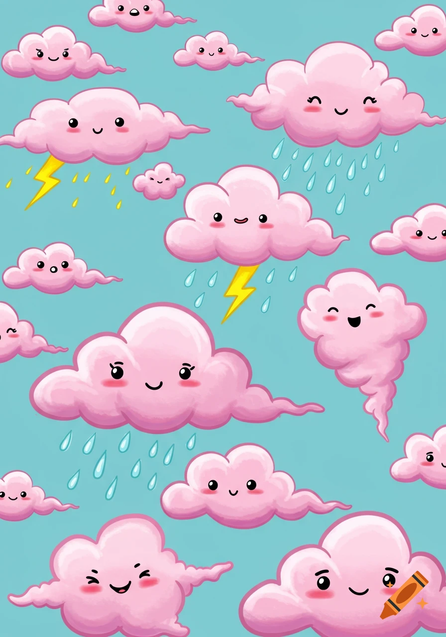 Pattern of pink cartoon clouds with cute faces. Some clouds are raining or have lightning bolts on a light blue sky.