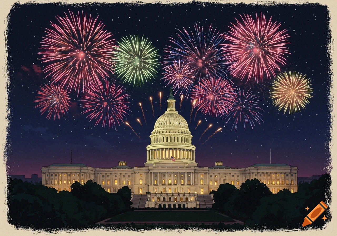 Illustrative scene of fireworks over the US Capitol building at night.