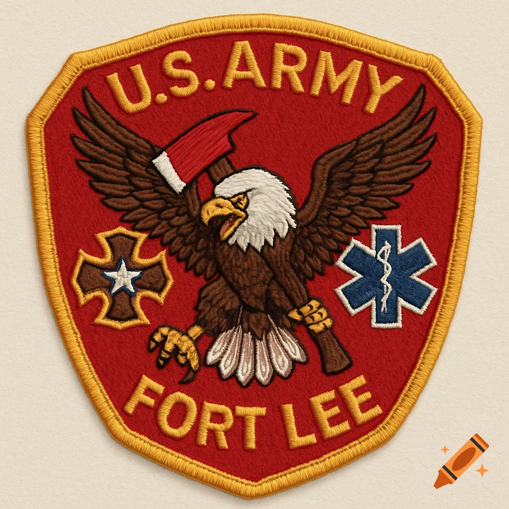 An embroidered U.S. Army Fort Lee patch with a bald eagle holding a fire axe, a cross and star, and a Star of Life symbol on a red background.