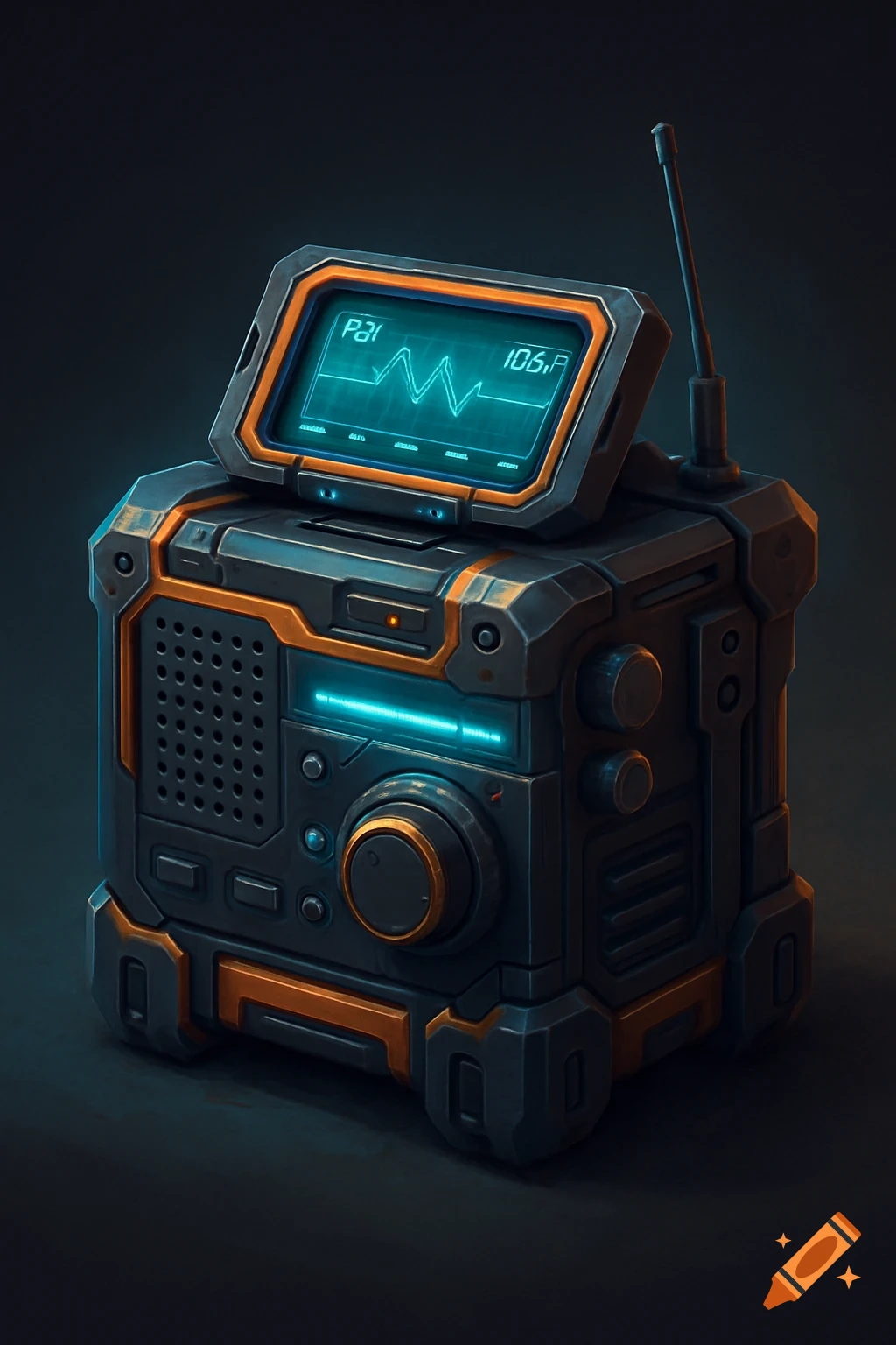 A stylish sci-fi radio enclosure with an orange and dark grey body, a blue glowing screen displaying digital readings, and an antenna.