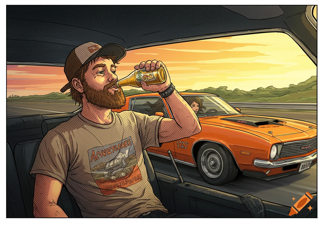 A man with a beard and a baseball cap sips from a bottle while driving a car in a comic art style, with another car alongside him on the highway.