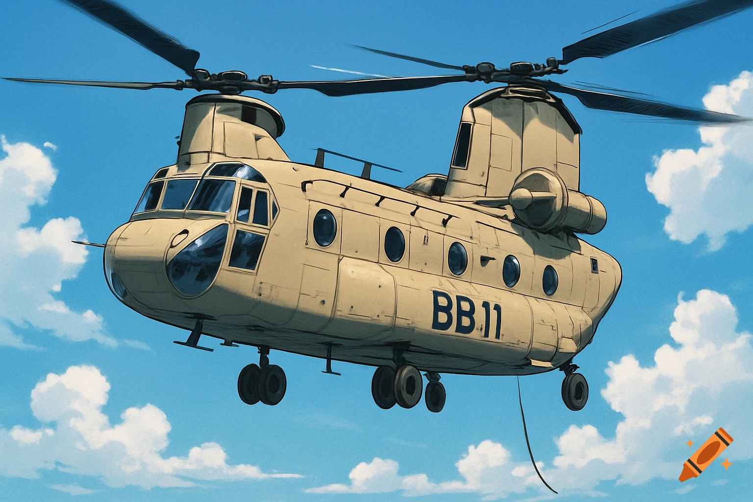 An anime style Chinook helicopter with 'BB11' written on its side flies against a blue sky with white clouds.