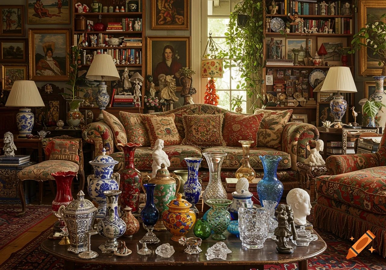 A maximalist interior view of a cluttered room filled with furniture, paintings, books, vases, and decorative objects.