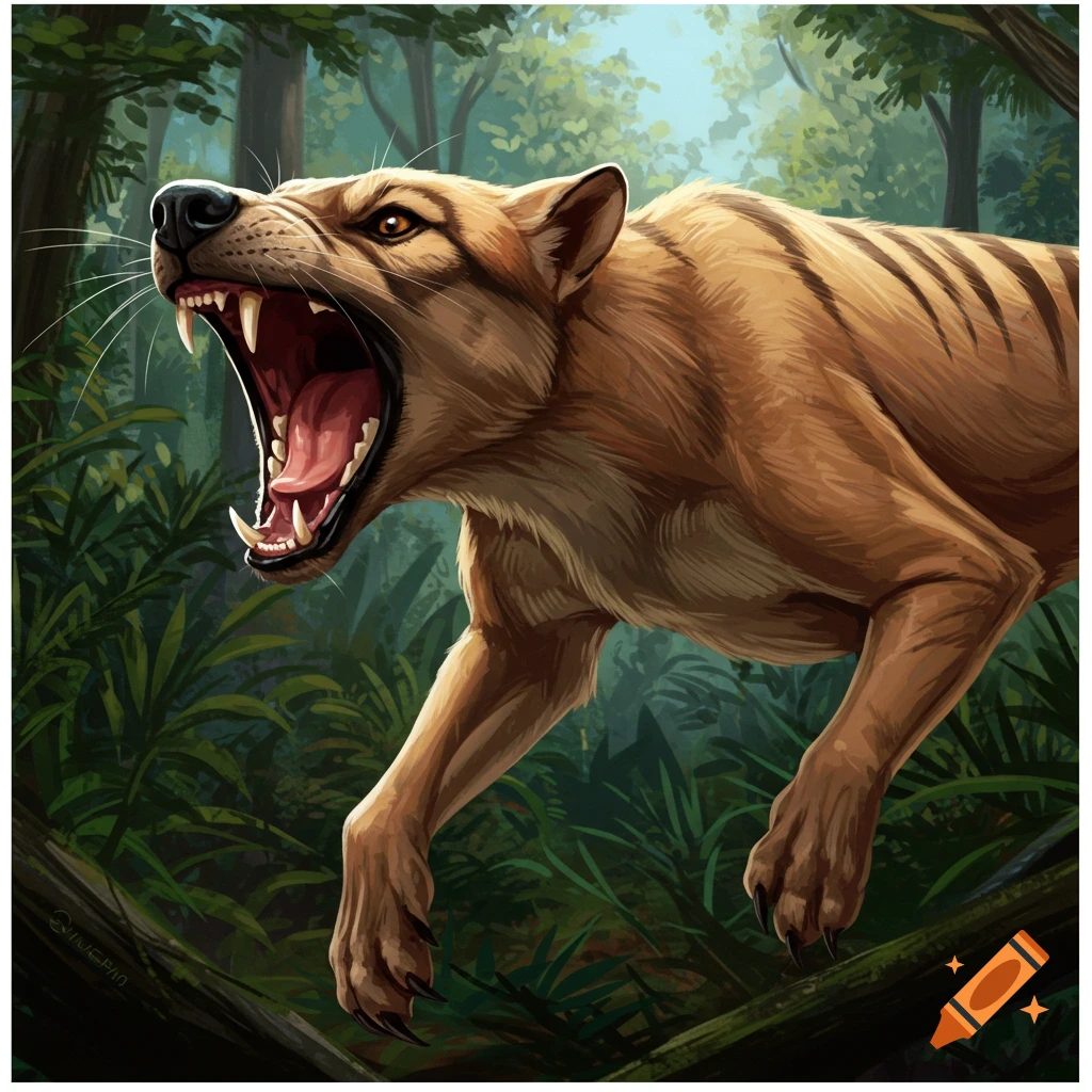 An illustration of a thylacine with its mouth wide open, roaring in a lush green jungle environment.