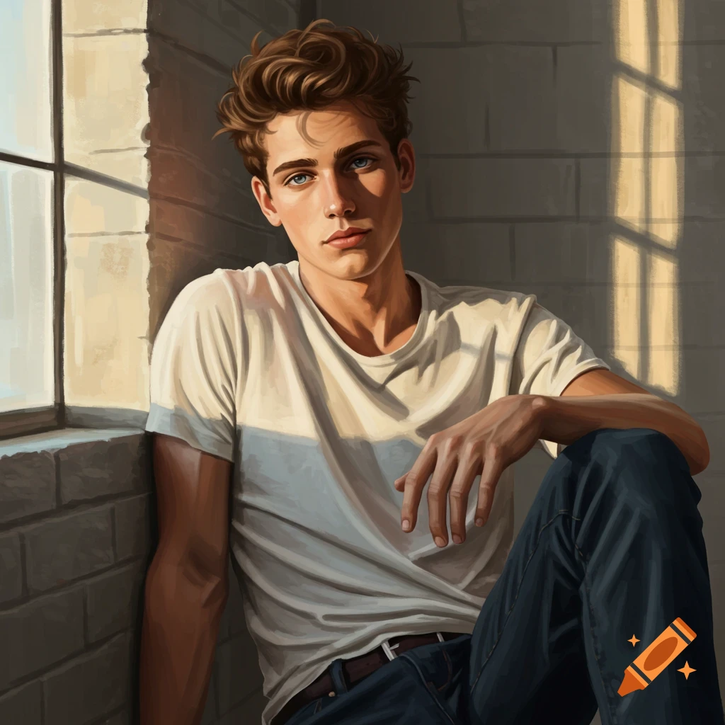 A young man with brown hair and blue eyes sits by a window in sunlight.