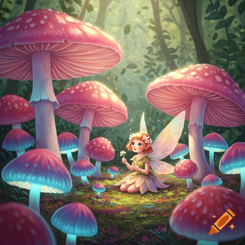 Little fairy holding a flower in a vibrant, glowing mushroom forest, fantasy art style.