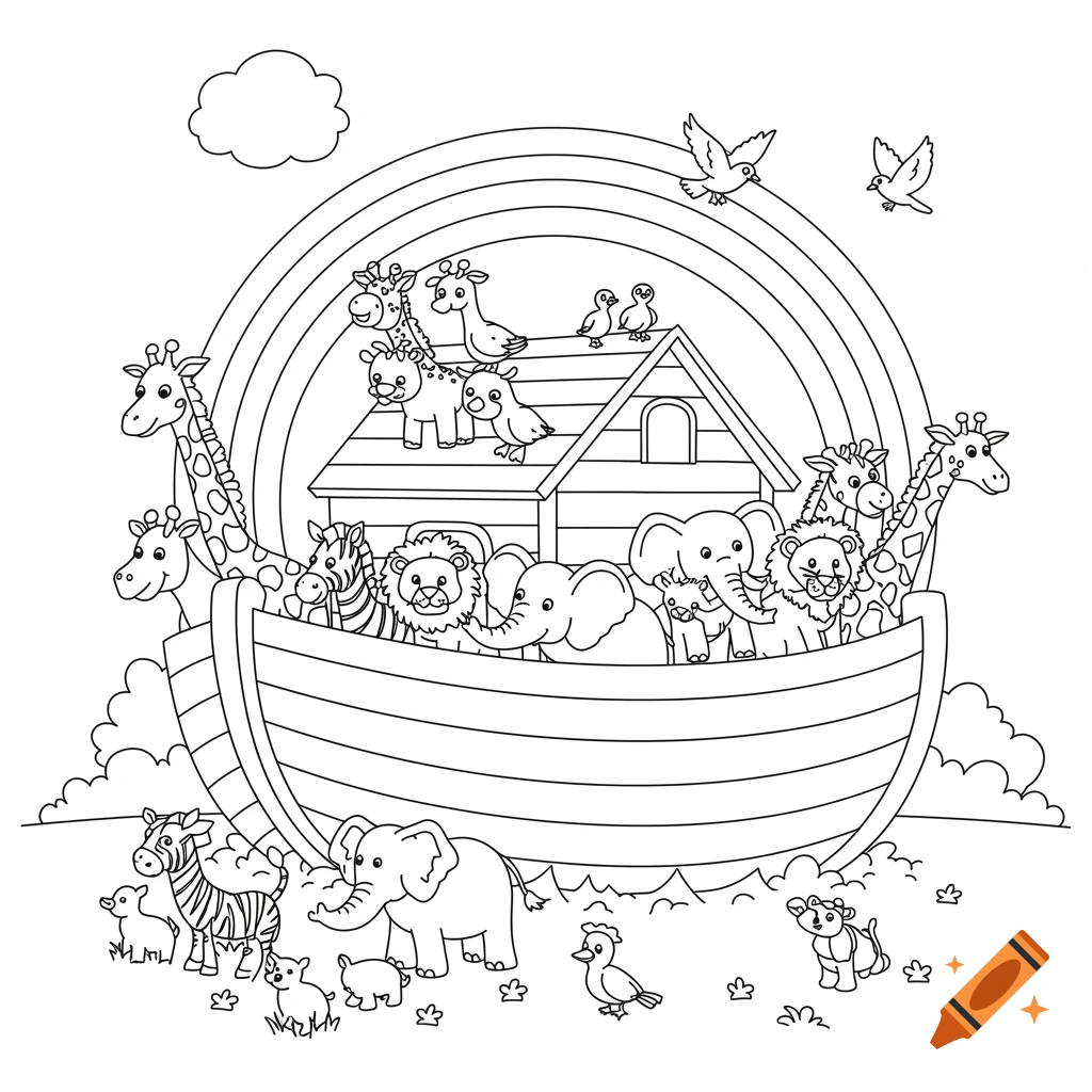 Black and white cartoon outline of Noah's Ark with pairs of animals ...