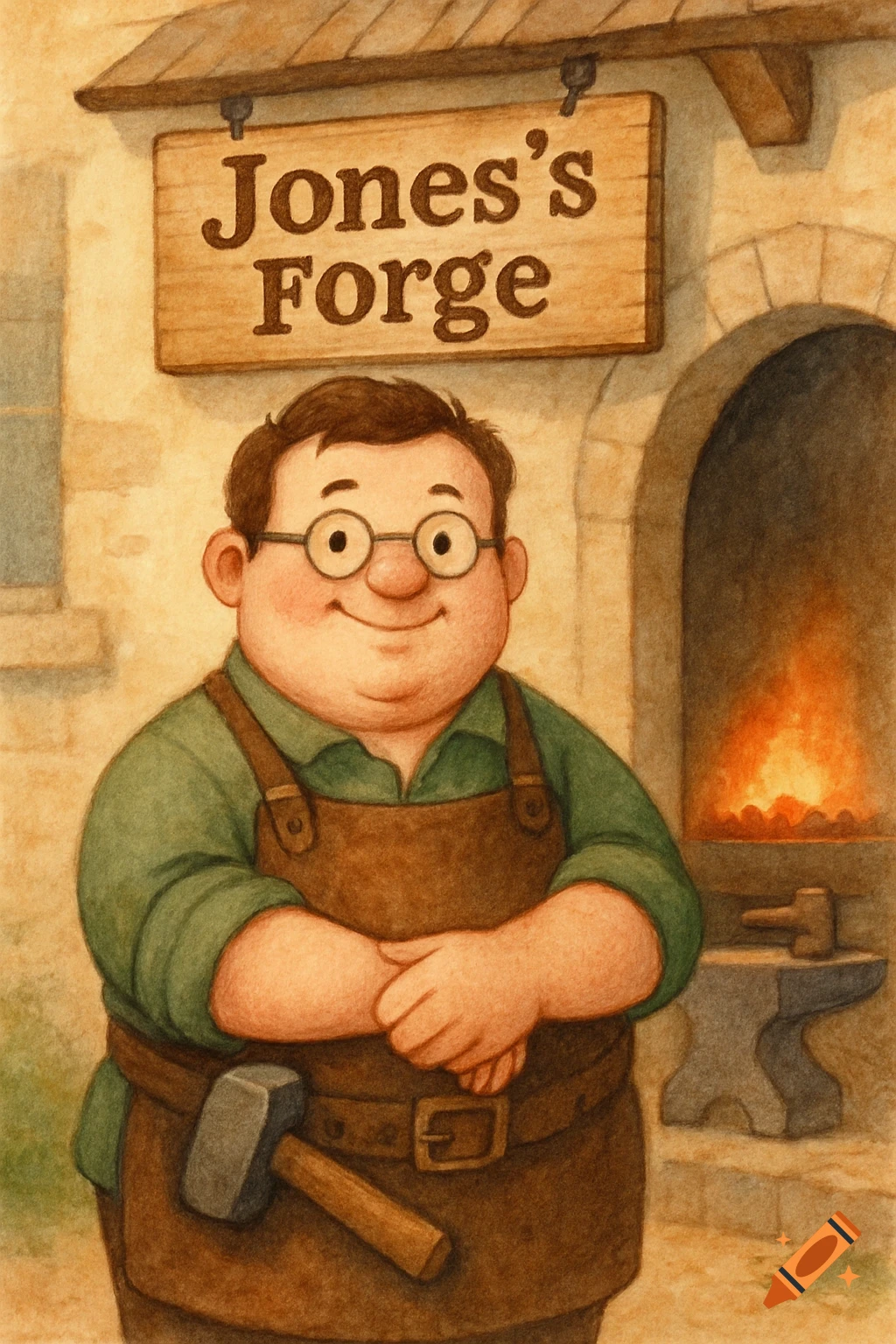 A friendly, plump blacksmith in an apron and glasses stands in front of his forge, a sign above reads 'Jones's Forge' in a charming children's book illustration style.