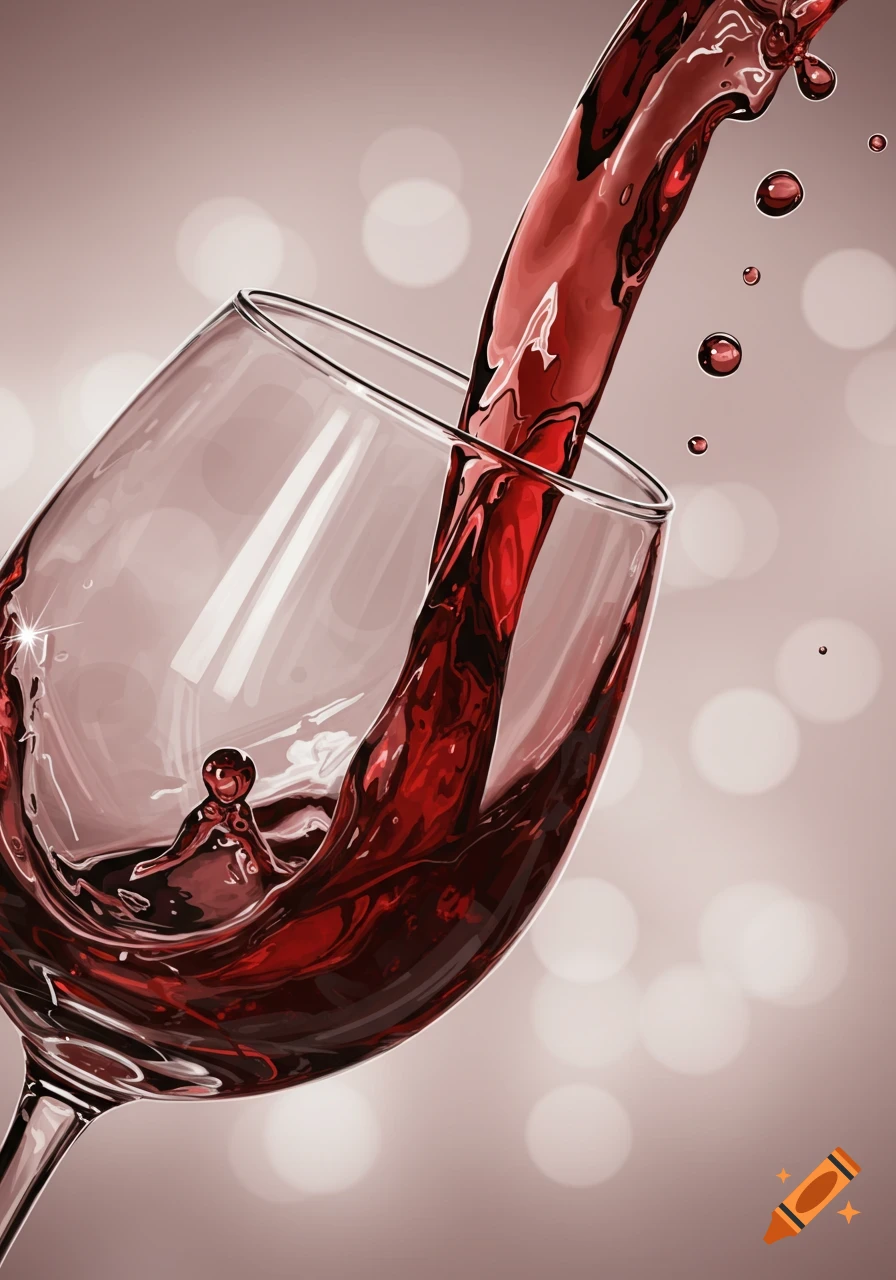 Red wine pouring dynamically into a tilted wine glass against a blurred background with bokeh lights.