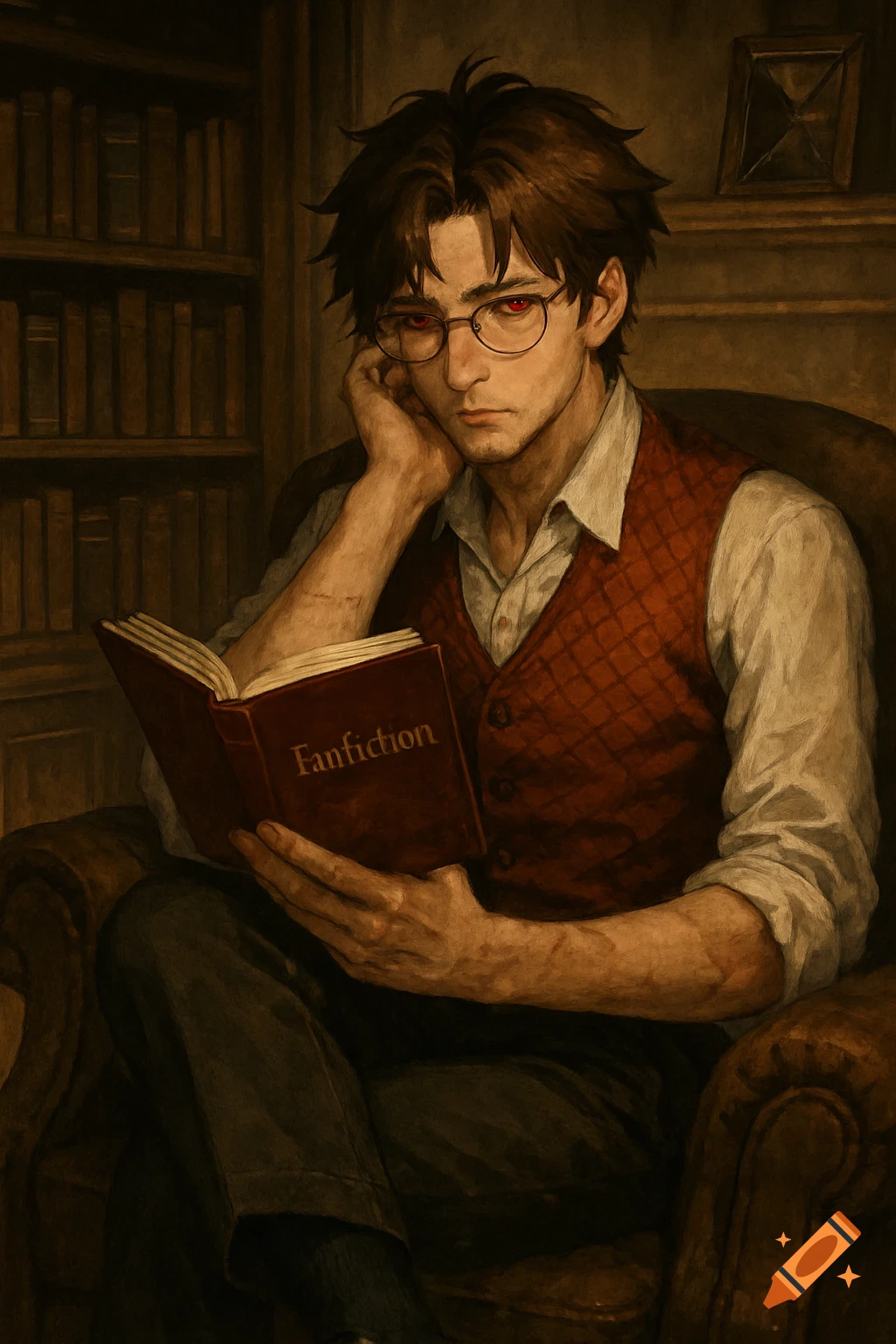 A man with red eyes and glasses reads a book titled 'Fanfiction' in a dimly lit library chair.