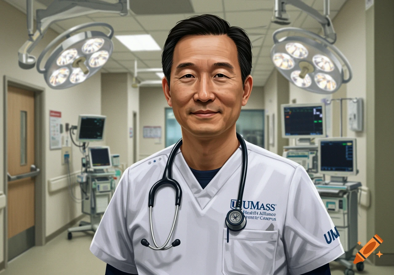 A smiling Asian male doctor with a stethoscope around his neck stands in a hospital hallway with medical equipment.