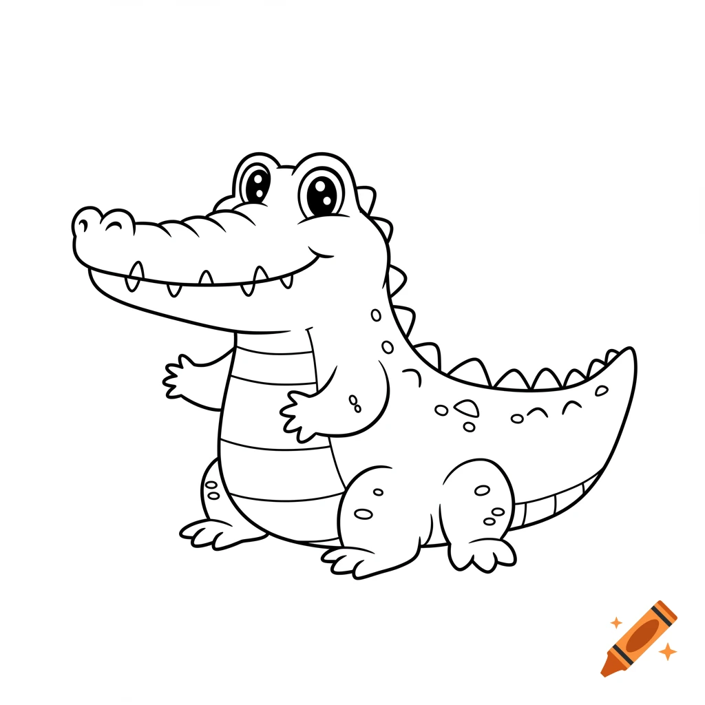 A cute smiling cartoon alligator in black and white line art, suitable for a coloring page.