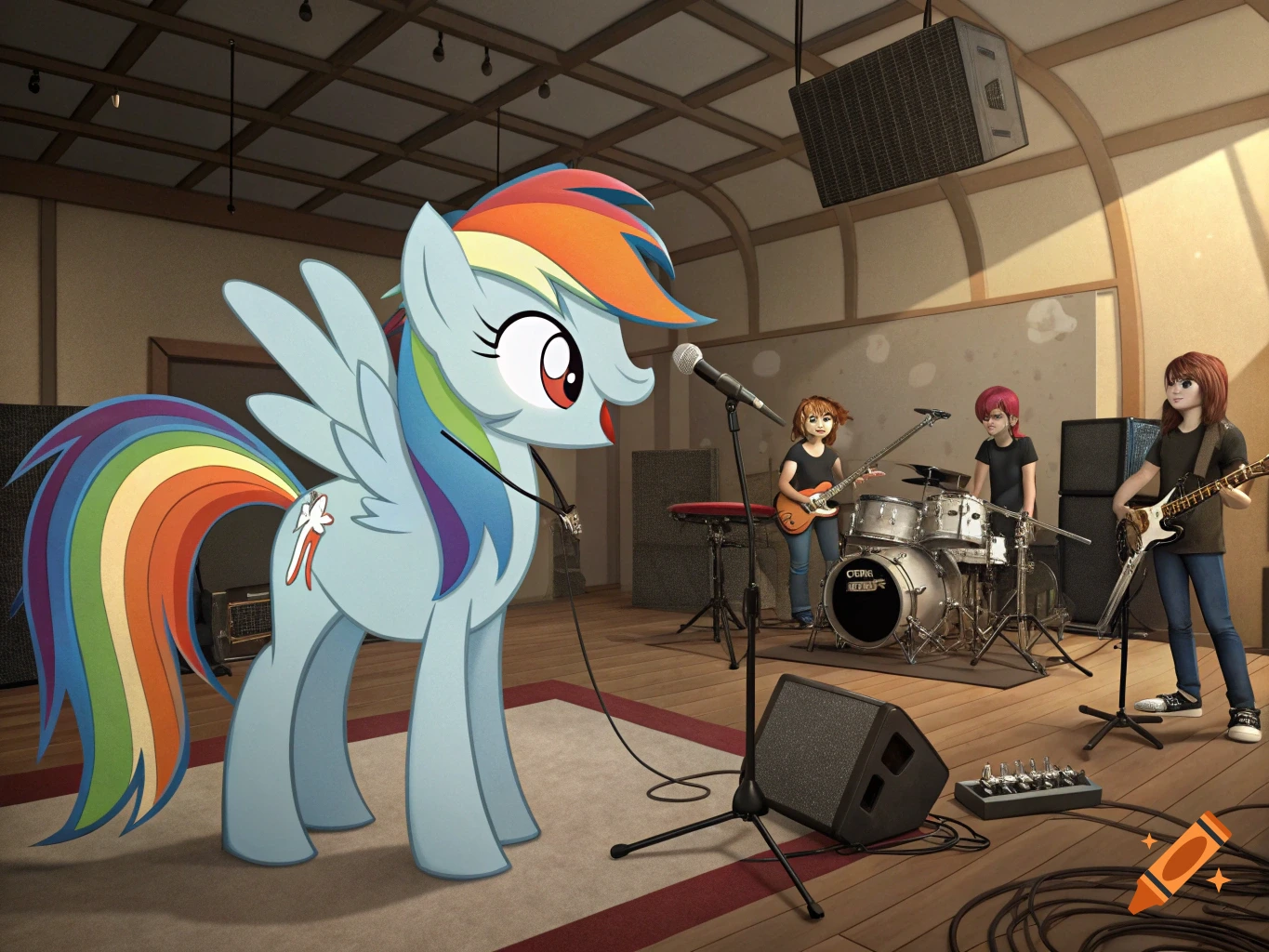 A large Rainbow Dash pony stands in a recording studio with three humans playing instruments.