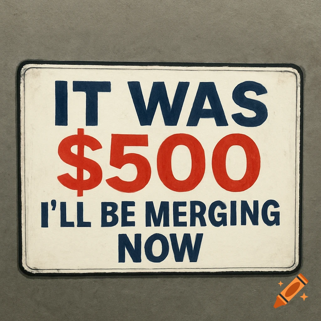 White sign with black border on a grey background. Text reads: 'IT WAS $500' in red and 'I'LL BE MERGING NOW' in blue.