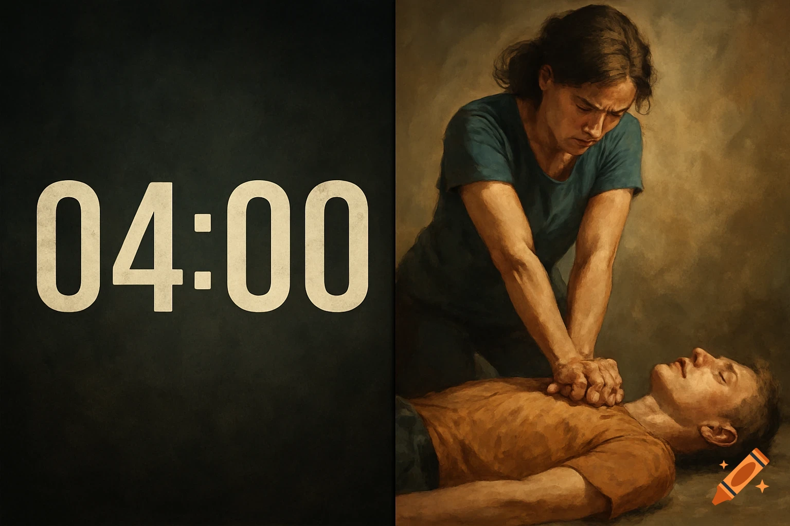 Split screen with a 04:00 timer on the left and a digital painting of someone performing CPR on the right.