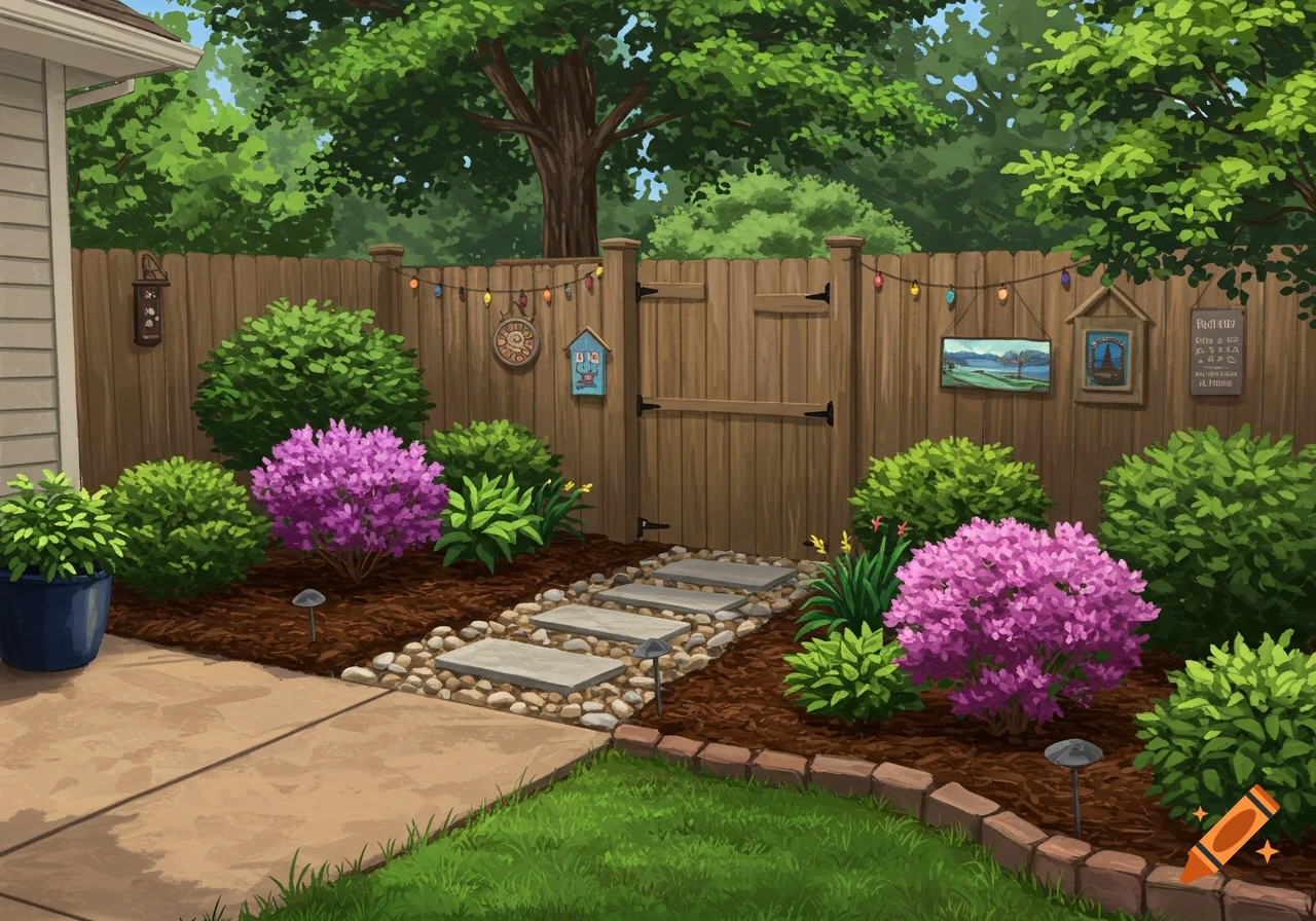A vibrant backyard garden with a wooden fence, colorful purple flowers, green bushes, a stone path, and a concrete patio, in an illustrative style.