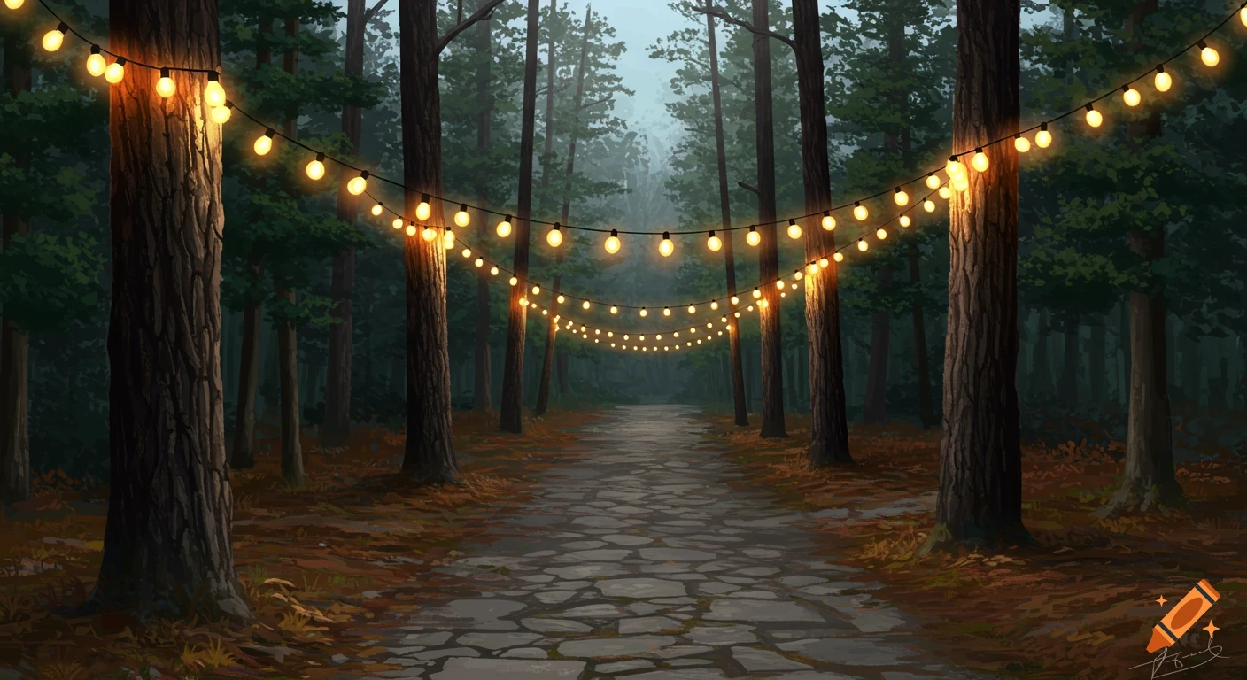 A forest path illuminated by string lights hanging between trees.