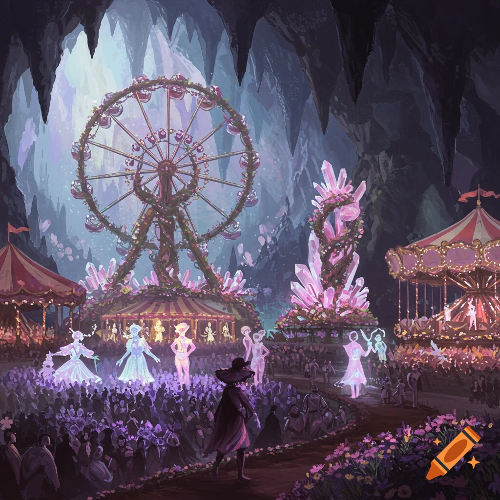 A fantasy carnival inside a cave with glowing figures, crystal rides ...