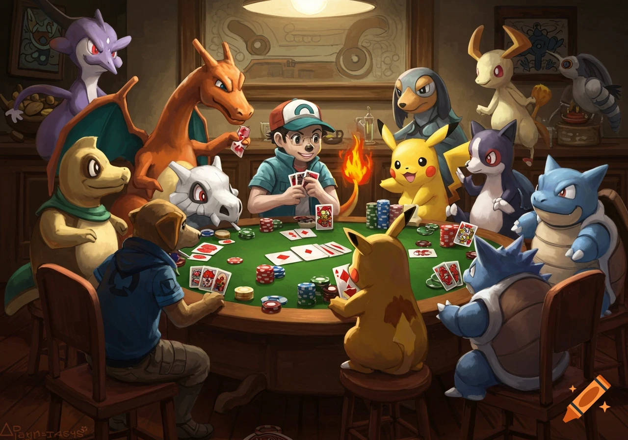 Ash Ketchum and several Pokémon, including Pikachu, Charizard, and Blastoise, play poker around a table in an illustrated style.