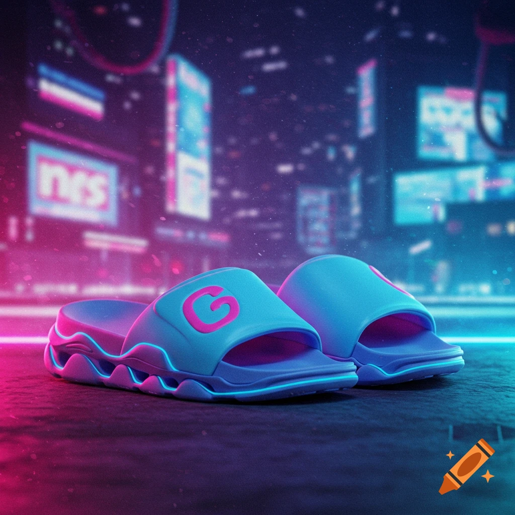 A pair of neon blue and pink futuristic slides on a dark surface with a blurred neon city background.