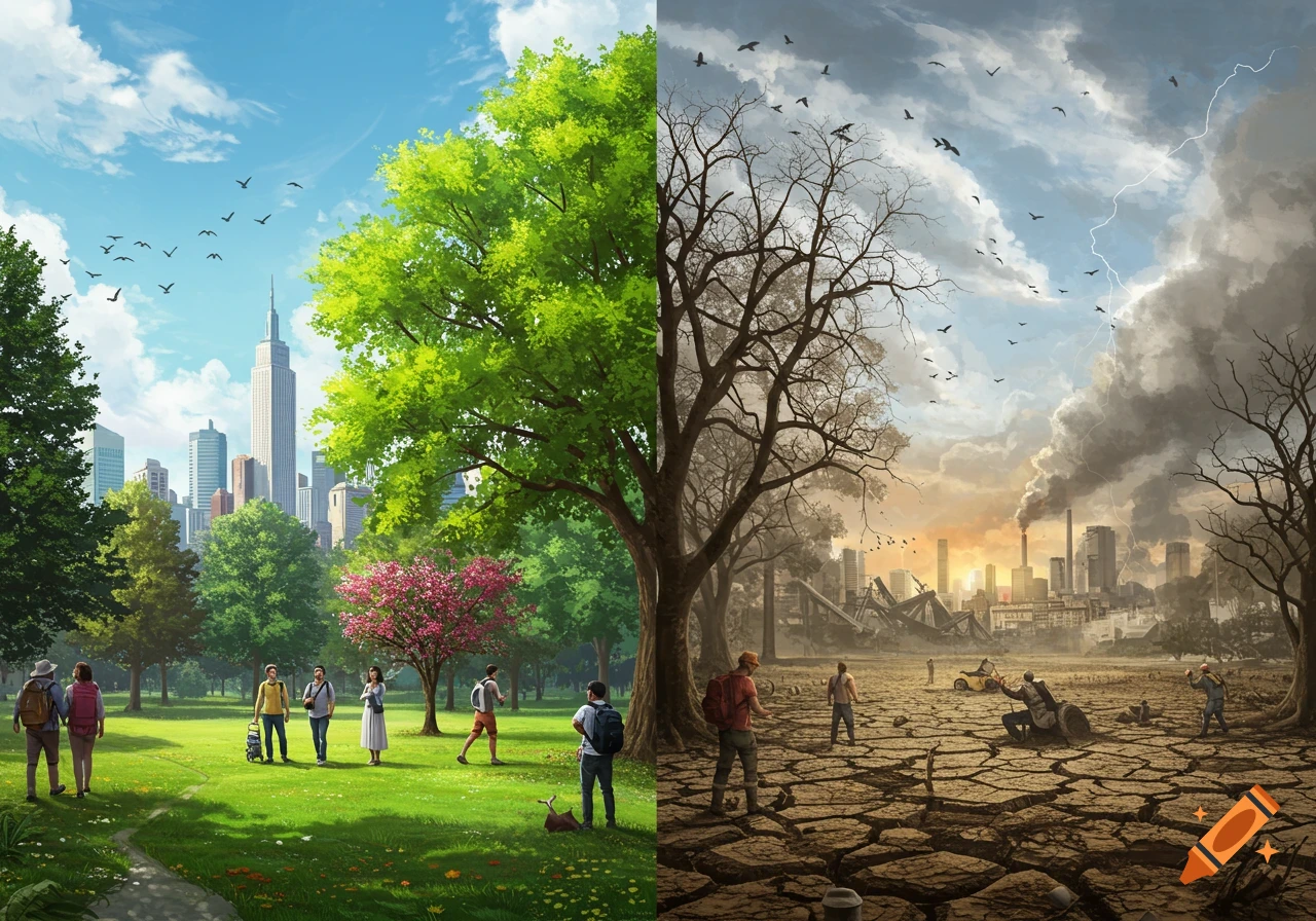 Split image contrasting a vibrant green park and city with a dry, polluted wasteland and ruins.